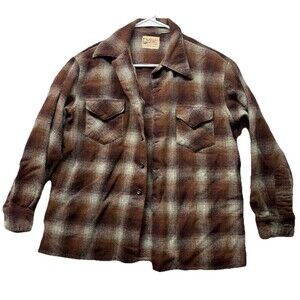 Vintage KLINKERFUES North Country Brown Plaid Flannel Wool Shirt Size M *flaw